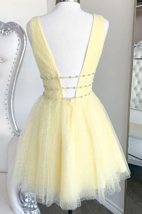 YELLOW V NECK TULLE Homecoming Dresses Salma SEQUIN SHORT HF12966