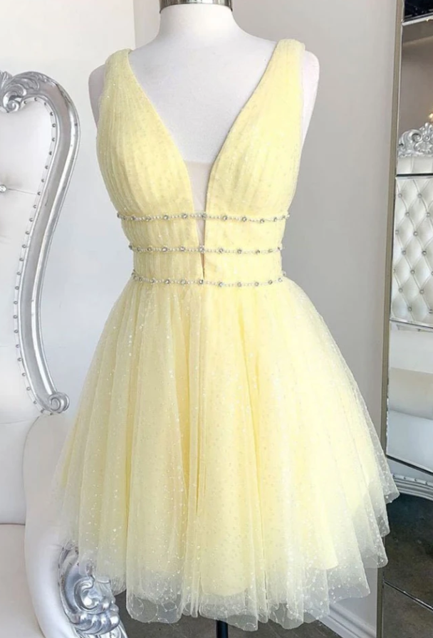 YELLOW V NECK TULLE Homecoming Dresses Salma SEQUIN SHORT HF12966