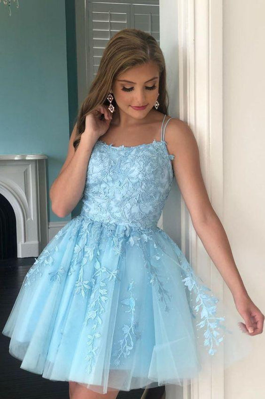 Straps Lace Homecoming Dresses Rosie Applique Blue HF13048