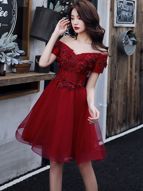 Chic Burgundy Off Shoulder Carlie Homecoming Dresses HF13257