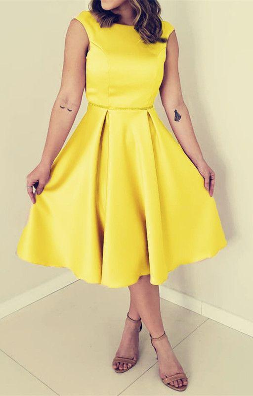 Yellow Satin Roselyn Homecoming Dresses Tea Length HF1575