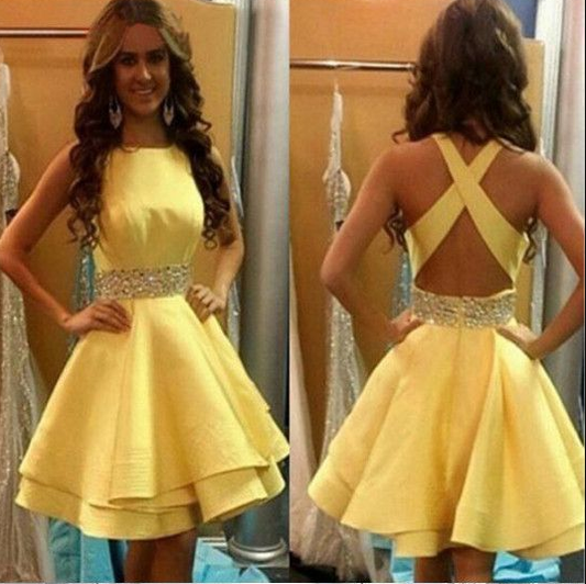 Yellow Cross Back Short Cute Party Dress With Beading Marianna Homecoming Dresses HF161