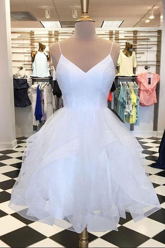 White Tulle Layered Homecoming Dresses Gretchen A Line V Neck Short White Party Dress HF1634