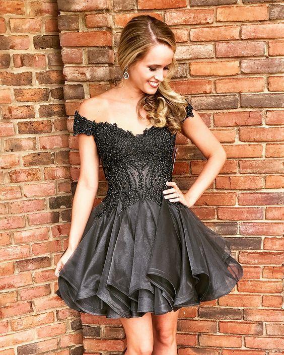 Off The Shoulder Black Short Aubrey Homecoming Dresses HF17423