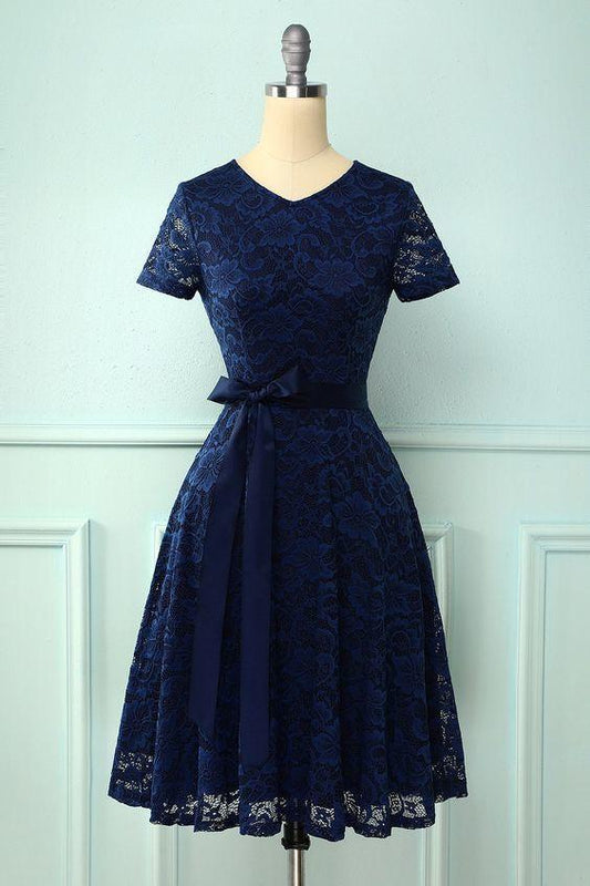 Navy Short Virginia Lace Homecoming Dresses Sleeves HF18204