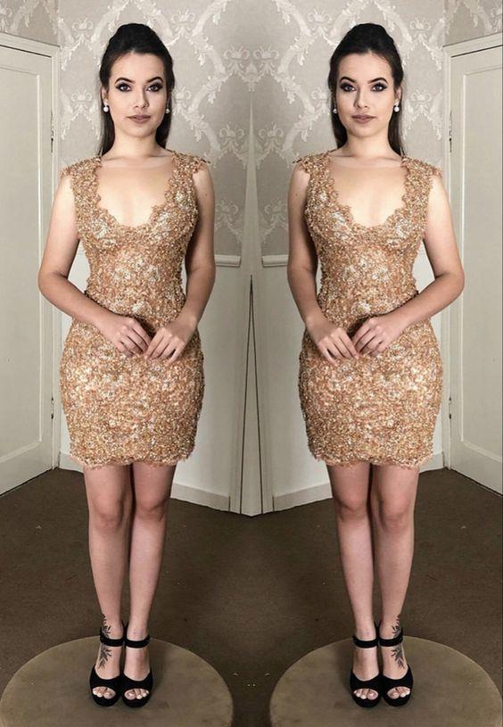 Lace Homecoming Dresses Nayeli Elegant Gold Short HF18936