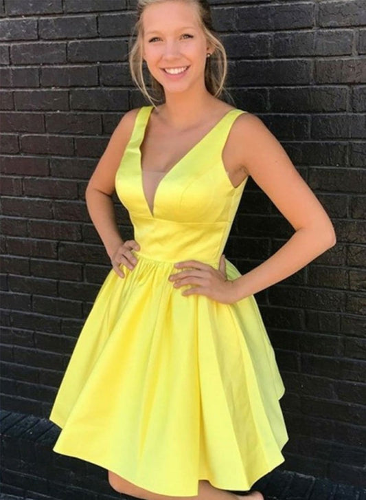 Yellow V Neck Homecoming Dresses Esmeralda Short Dress HF2085