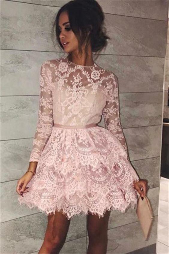 Short Long Sleeves Short Dresses Tiered Short Homecoming Dresses Izabelle Lace Pink With Sleeves HF210