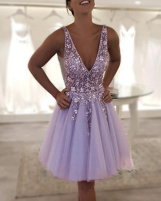 Beaded Tulle V Neck Homecoming Dresses Abbey HF21452