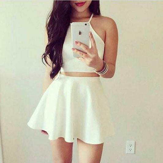 White Short Simple Lila Two Pieces Homecoming Dresses HF2163