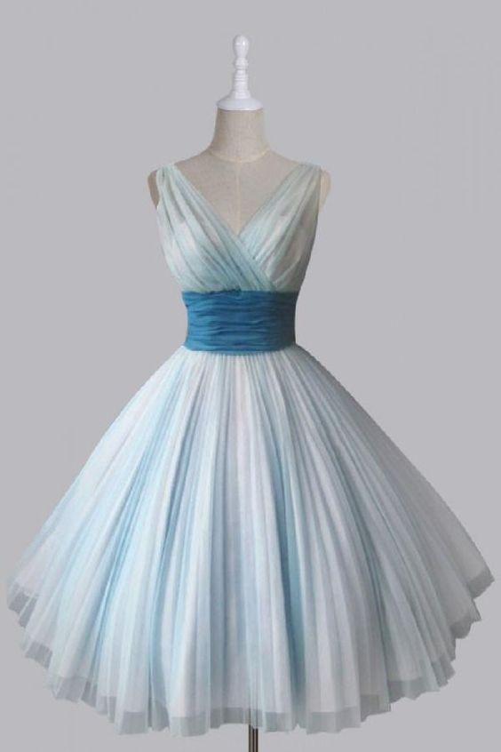 Vintage Short V-Neck Homecoming Dresses Chiffon Jolie 50s Light Sky Blue Party Dress HF2259