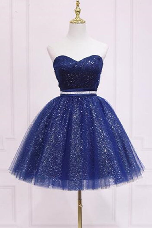 With Belt Sparkly Homecoming Dresses Princess Blue Formal Evening Dress HF22685