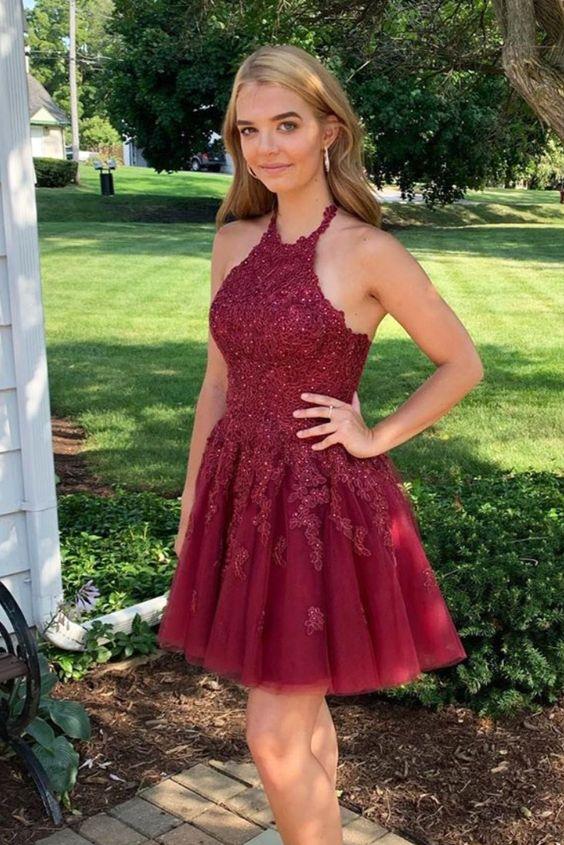 Halter Burgundy A-Line Homecoming Dresses Regan Short HF23153