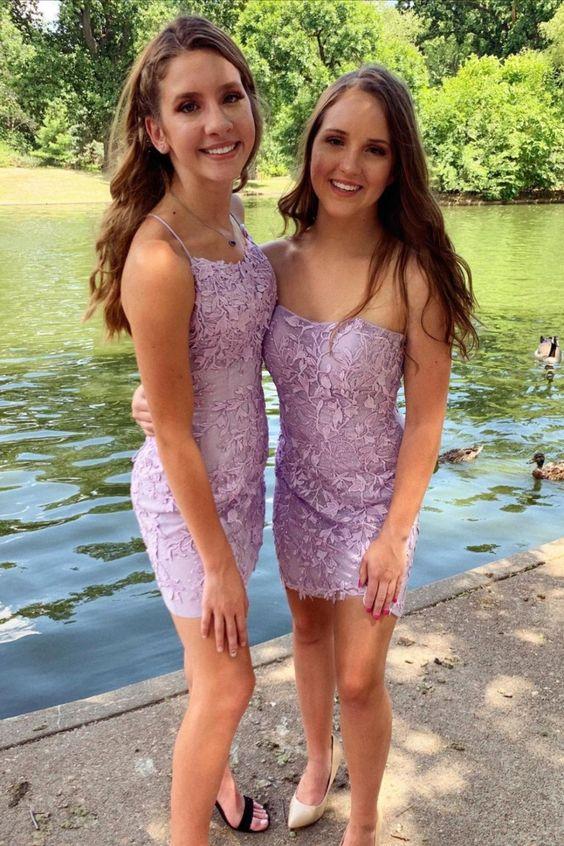 Lavender Short Homecoming Dresses Valeria Lace Tight HF23255