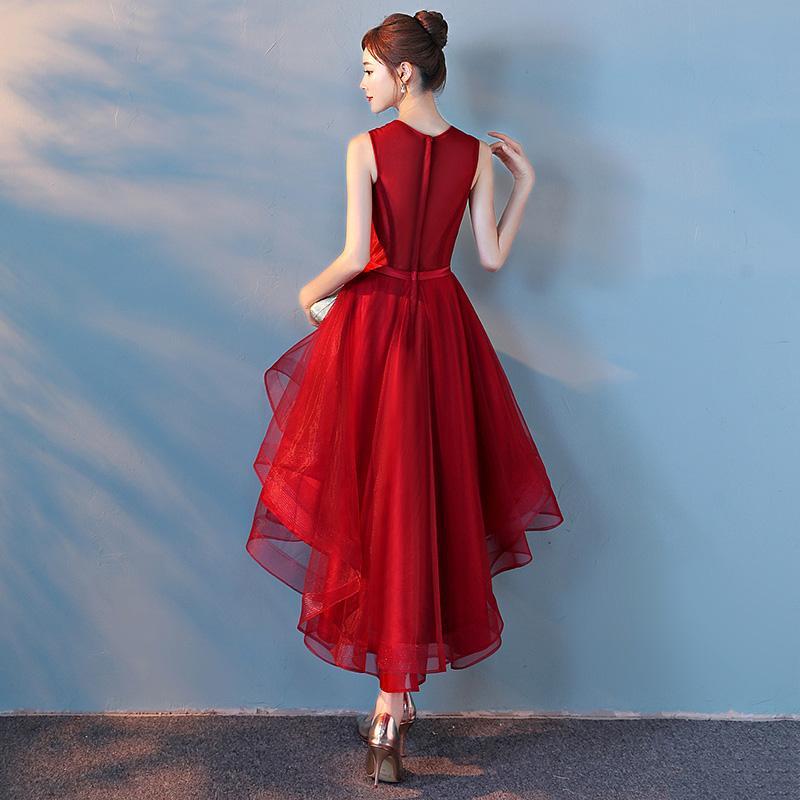 Wine Red Sequins Tulle High Grace Homecoming Dresses Low Round Neckline Party Dresses Dark Red HF23370