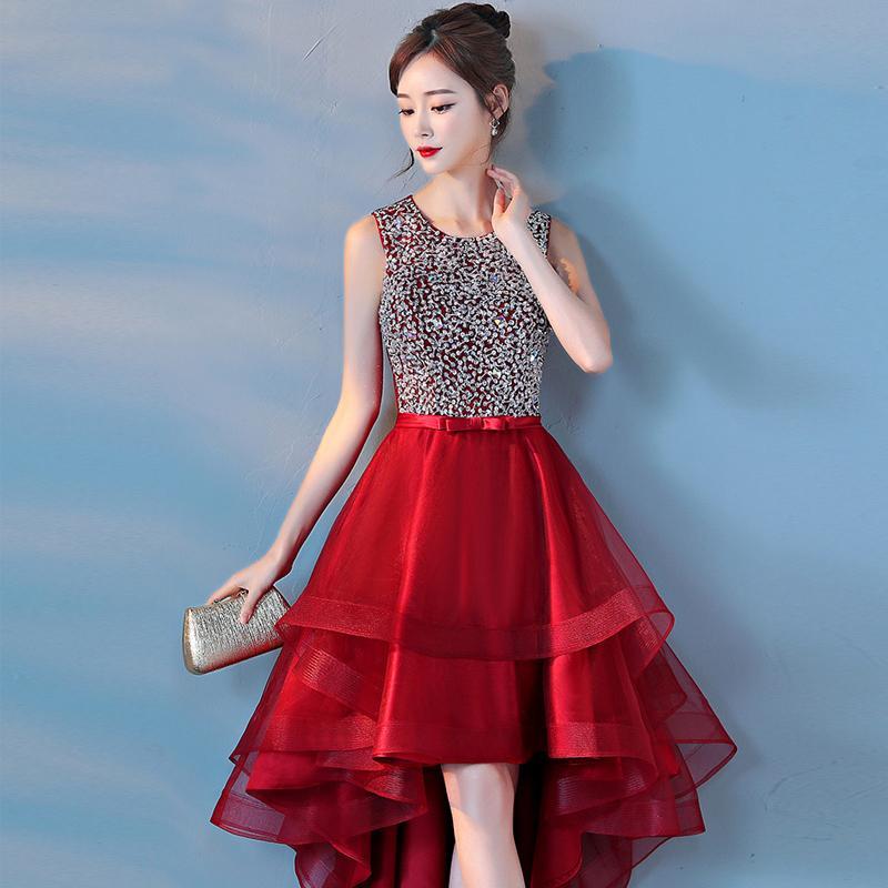 Wine Red Sequins Tulle High Grace Homecoming Dresses Low Round Neckline Party Dresses Dark Red HF23370