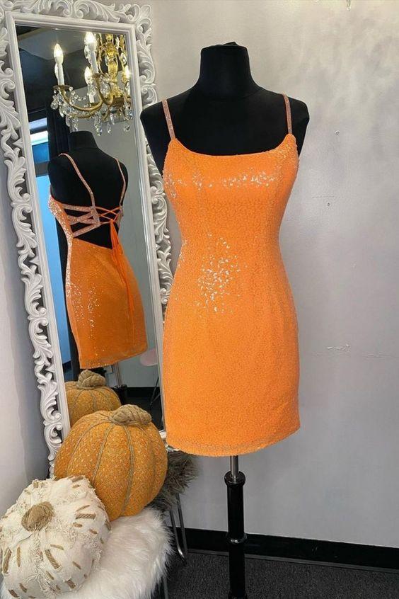 Susan Homecoming Dresses Glitter Orange Sequins Short HF23469