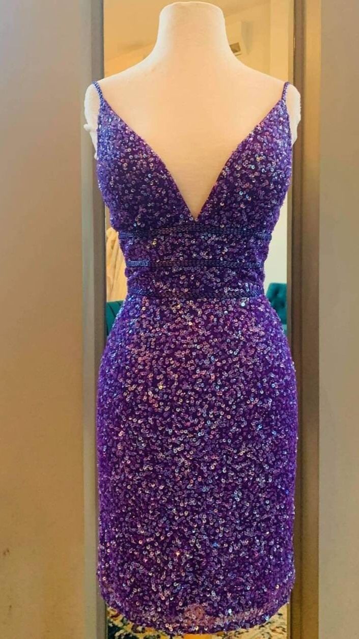 Short Homecoming Dresses Kaitlynn Purple Sequin HF24184