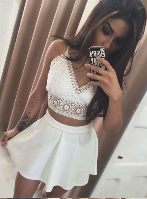 White Two Piece Spaghetti Joanne Homecoming Dresses Lace Straps Short HF24635