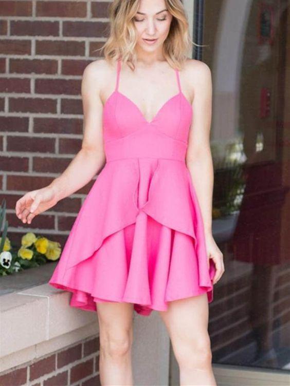 V Homecoming Dresses Pink Tori Satin Neck Spaghetti Straps Sleeveless Short Short Formal HF2842