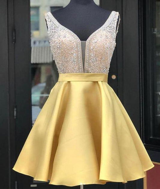 Yellow V Neck Sequin Short Yellow Homecoming Dresses Chana Party Dress HF292