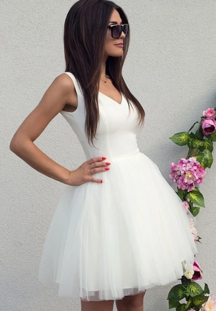 White V Neck Homecoming Dresses Tamara Tulle Short Dress HF3030