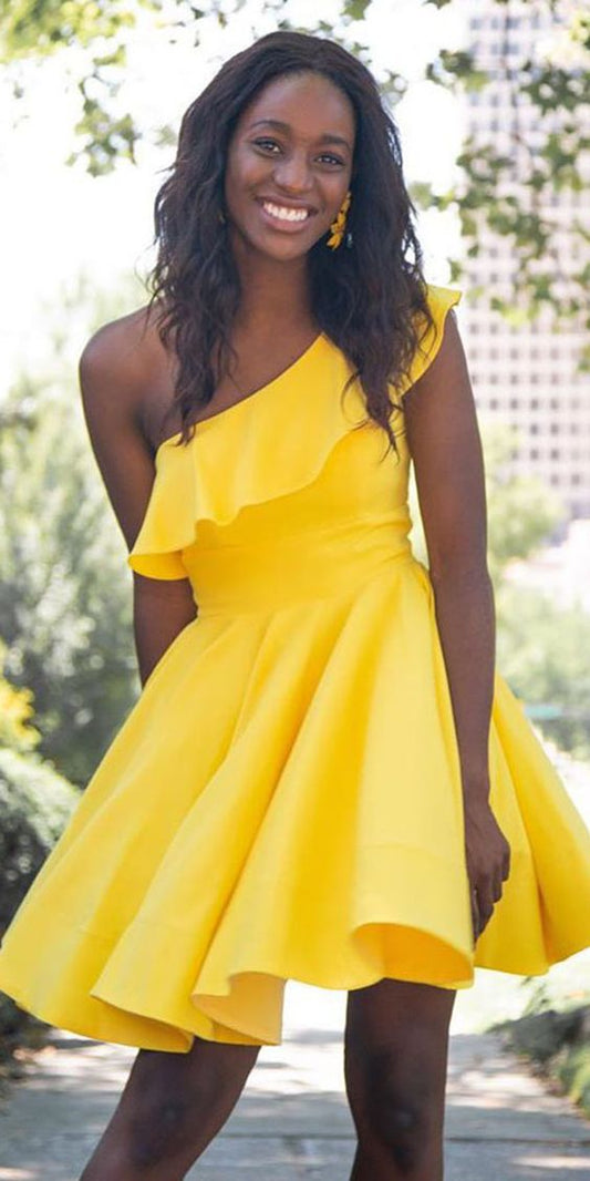 Yellow One Shoulder A-Line Short Satin Nadine Homecoming Dresses HF3292