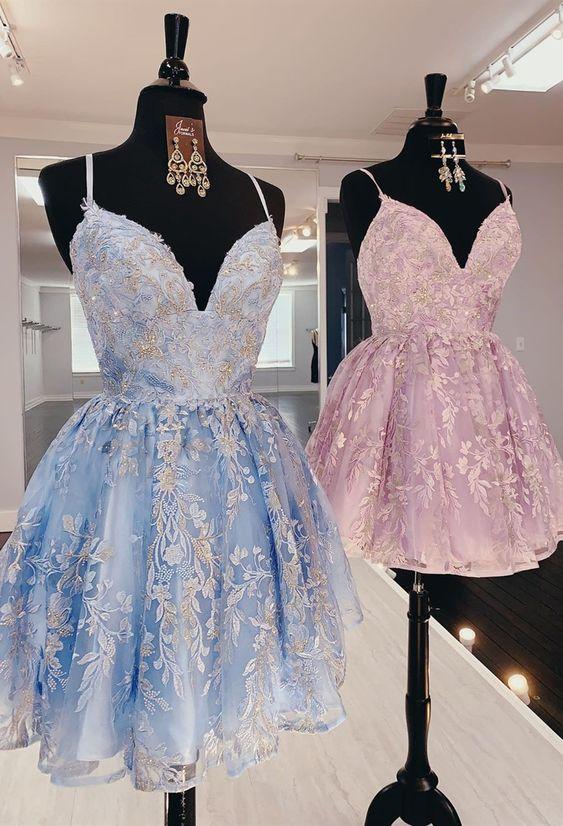 Princess Short Light Sky Blue Formal Hoco Dresses For Teens Lace Pink Homecoming Dresses Liliana HF3503