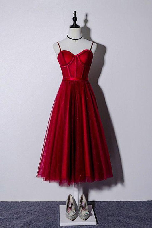 Wine Red Tulle Tea Length Sweetheart Neck Corset Magdalena Homecoming Dresses Dress HF3526