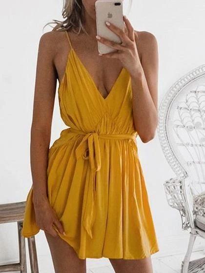 Yellow Plunge Tie Waist Open Back Ruched Chic Yaritza Homecoming Dresses Women Cami Mini HF3529