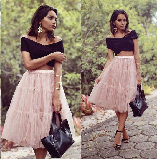 2 Pieces Pink Homecoming Dresses Maria Black Top Skirt