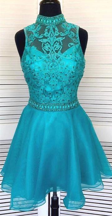 High Neck Turquoise Homecoming Dresses Paris Short HF3919