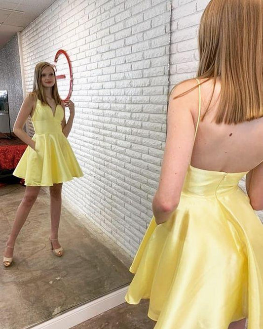 Simple Straps Short Charlize Homecoming Dresses Yellow HF3947