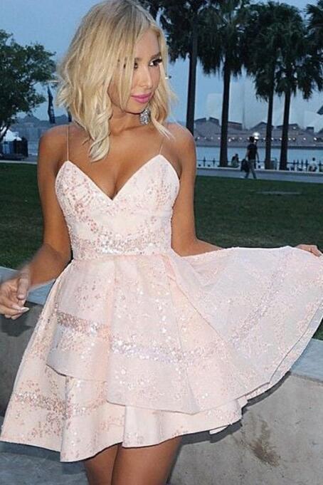 Straps Tiered Homecoming Dresses Lindsey Pink Sequined HF4043