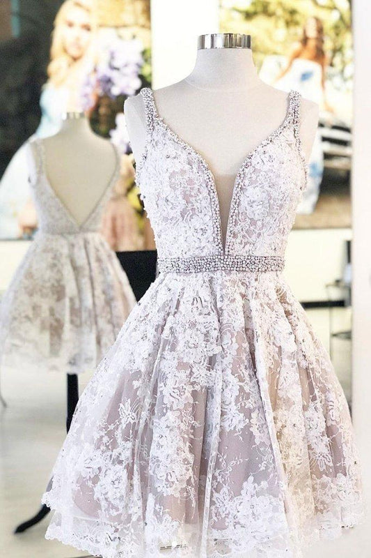 WHITE V NECK Haleigh Homecoming Dresses TULLE LACE SHORT DRESS LACE HF4387