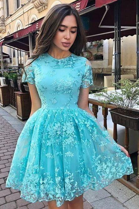 Lilly Lace Homecoming Dresses Formal Short Short Sleeves Graduation Party Dresses Simple Blue For Teens HF4445