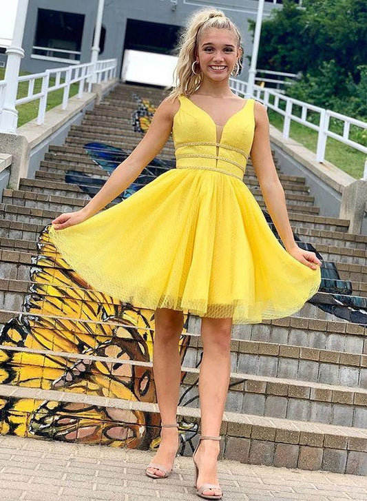 Yellow V Neck Tulle Short Jaelynn Homecoming Dresses Cocktail Dress HF4803