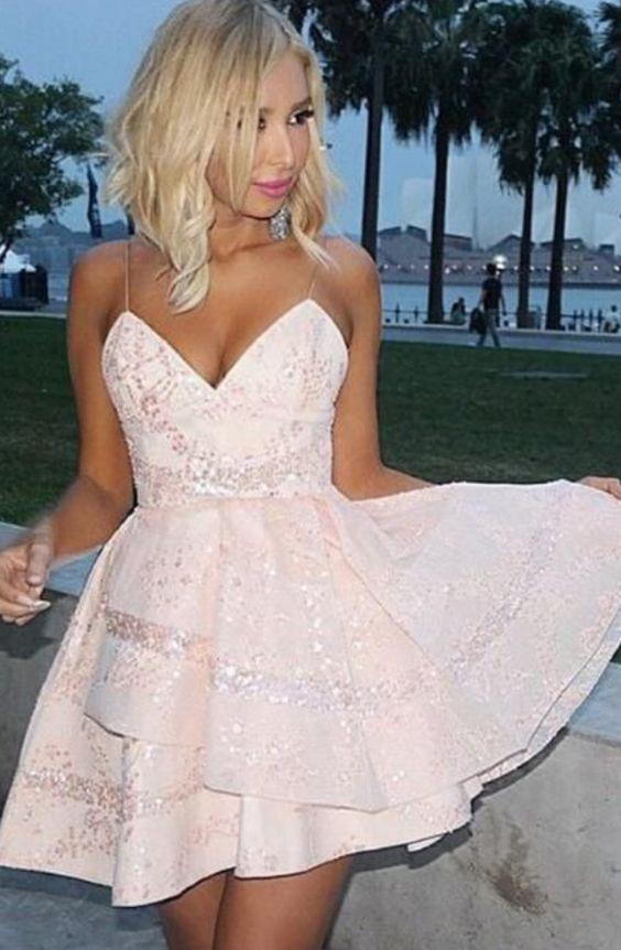 Straps Tiered Sequined Pink Homecoming Dresses Olivia HF4811