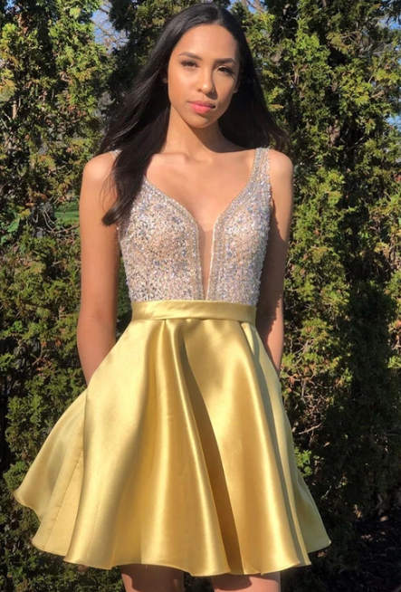 Yellow V Neck Short Homecoming Dresses Madilynn Satin Party Dress HF4973