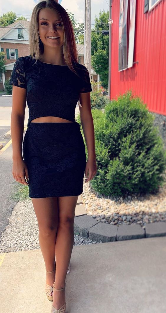 Navy Short Fashion Cut Out Short Party Dresses Short Sleeves Homecoming Dresses Polly For Teens HF5064