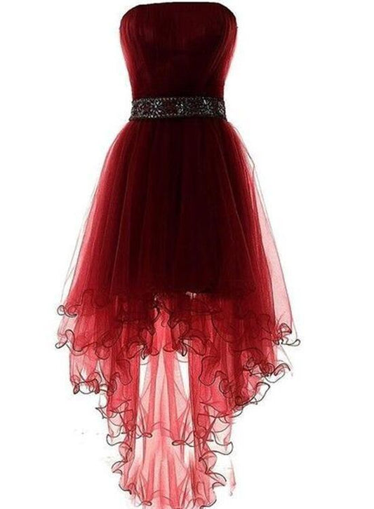 Wine Red Burgundy Claire Homecoming Dresses High Low Party Dress With Beadings HF5639