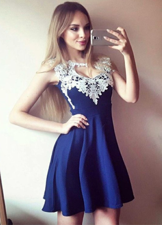 A-Line Sleeveless Olga Homecoming Dresses Blue With Appliques HF769