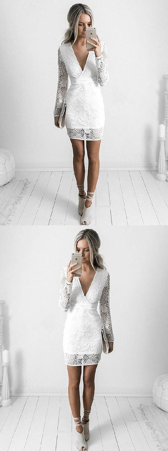 White V-Neck Sheath Short White Dress With Cocktail Homecoming Dresses Adalynn Lace Long Sleeves HF784