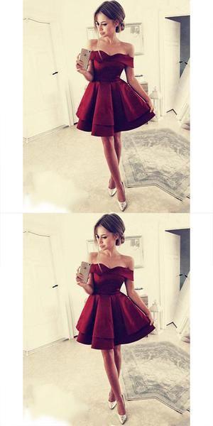 Satin Homecoming Dresses Summer Burgundy Off-The-Shoulder HF89