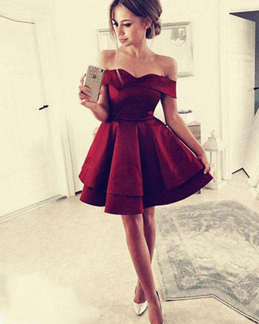 Satin Homecoming Dresses Summer Burgundy Off-The-Shoulder HF89