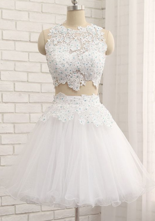 White Tulle Short Dress Two Pieces Lace Homecoming Dresses Amari HF931