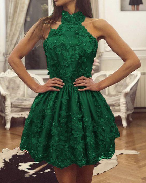 Elsie Lace Homecoming Dresses Short Green Halter HF9743