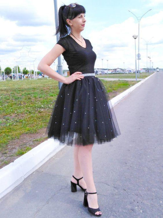 Homecoming Dresses Lillianna Black Tulle With Rhinestones HF9914