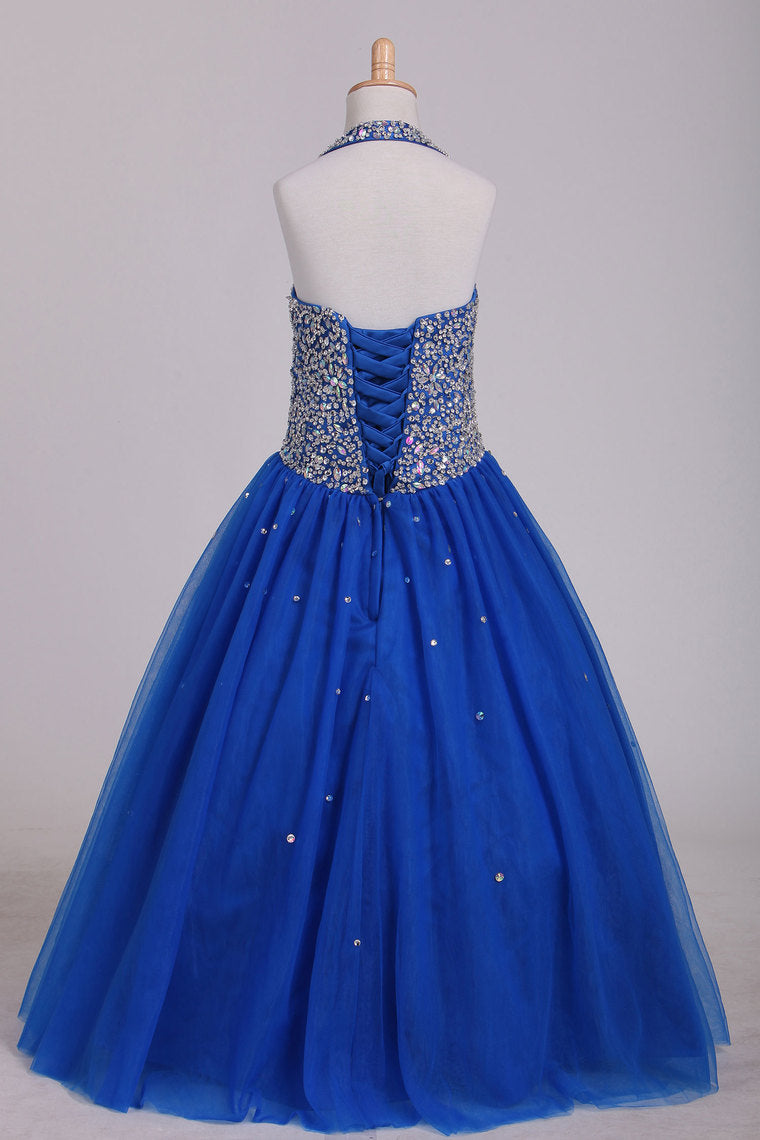 2024 Flower Girl Dresses Halter Beaded Bodice A Line Tulle Royal Blue