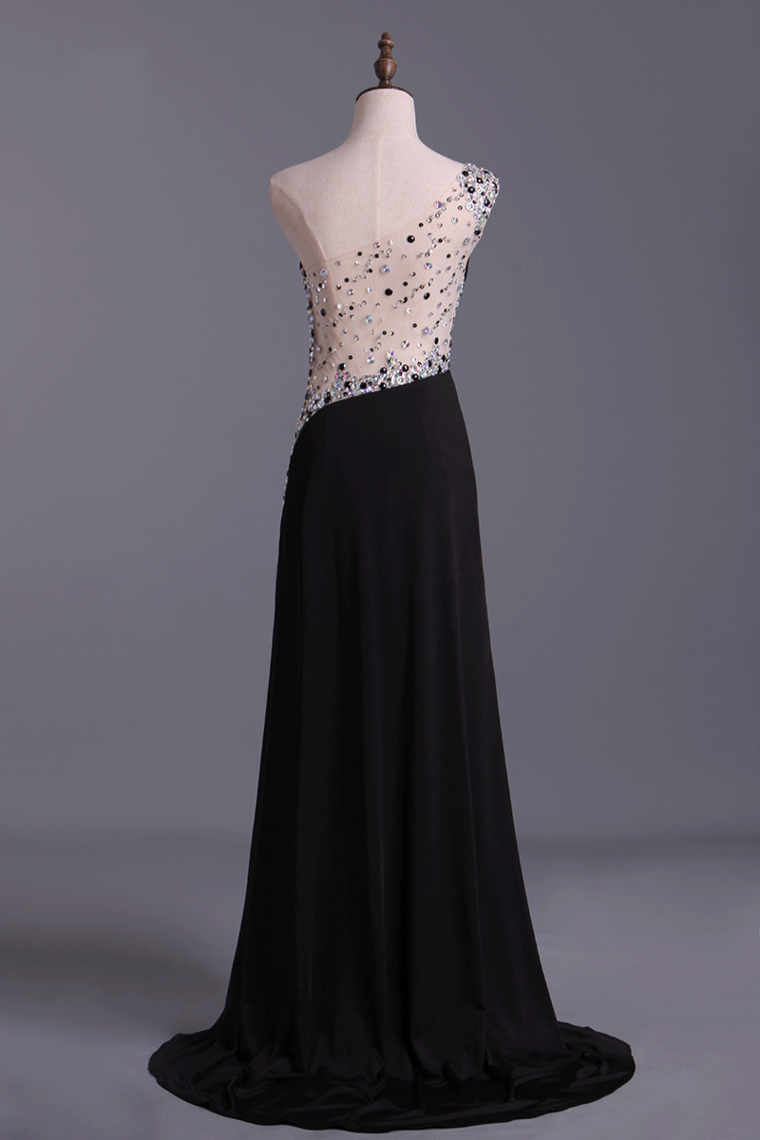 2024 Prom Dresses A Line One Shoulder With Slit And Beading Sweep Train